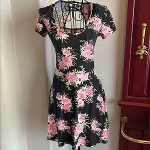Floral Black and Pink Women's Skater Dress